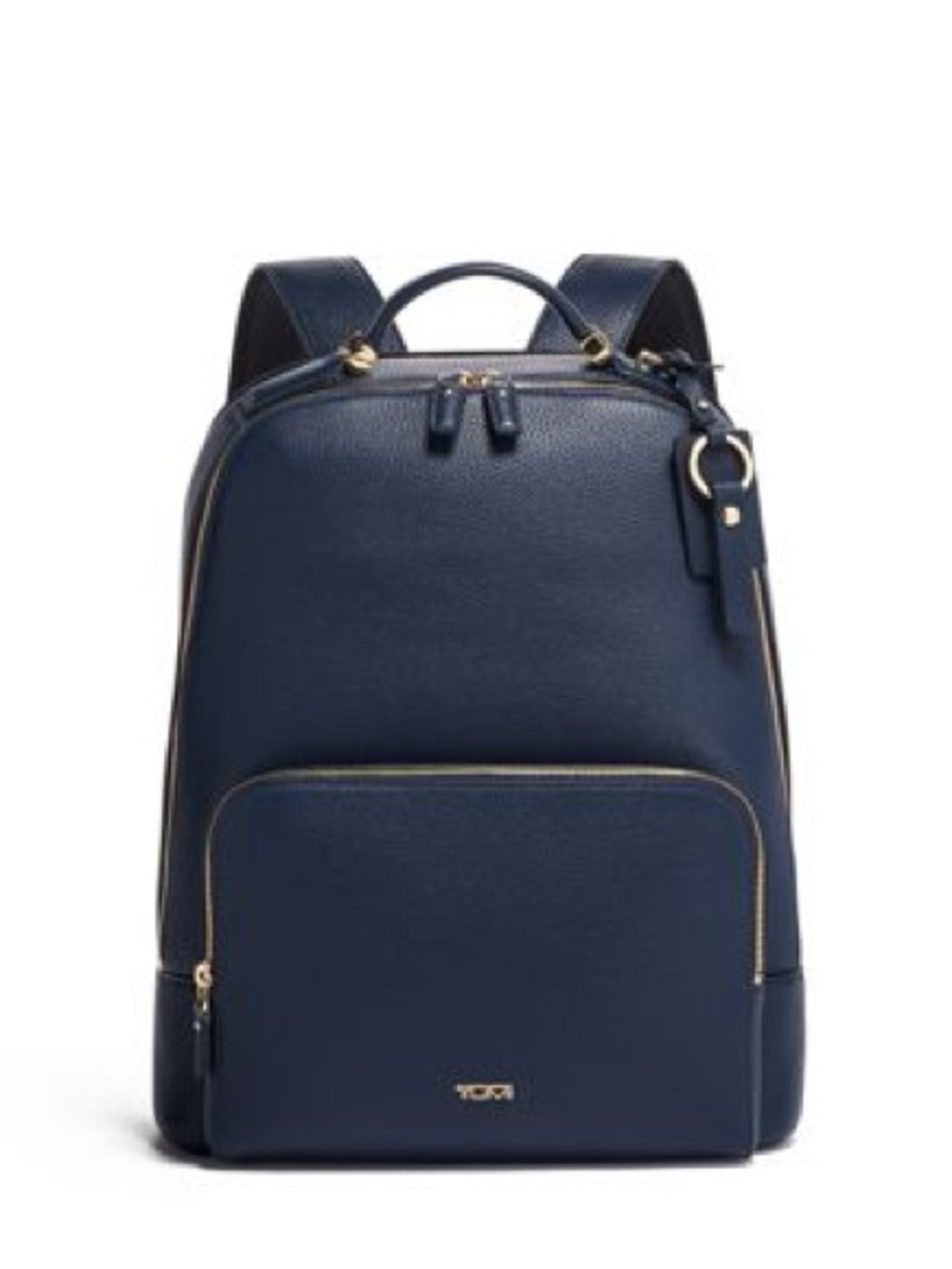 Tumi Gail navy blue leather backpack with gold hardware